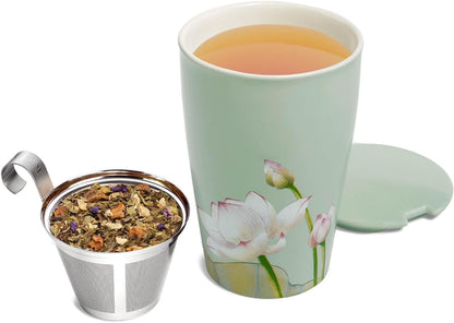 Tea Forte Double-Walled Ceramic Kati Cup, Removable Stainless Steel Infuser Basket and Lid, Steeps 12 oz Loose Leaf Tea, Dishwasher & Microwave Safe, Cherry Blossom