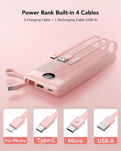 VRURC Portable Charger, Slim Power Bank Built-in 4 Cables, Travel Essential