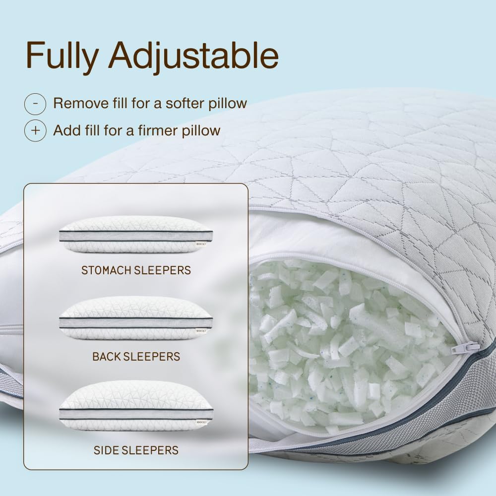 Coop Home Goods Cool+ Adjustable Pillow, Queen Size Plus Shaped Memory Foam Pillows with Cooling Gel, Back, Stomach or Side Sleeper, Neck Support for Sleeping, CertiPUR-US/GREENGUARD Gold