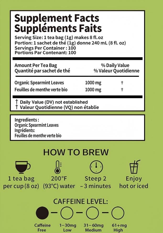 Organic Spearmint Tea Bags 100 Count – Spearmint Herbal Tea – Caffeine Free Mint Tea – Fresh, Smooth and Naturally Refreshing – Eco-Conscious Plant-Based Tea Bags by Tealise