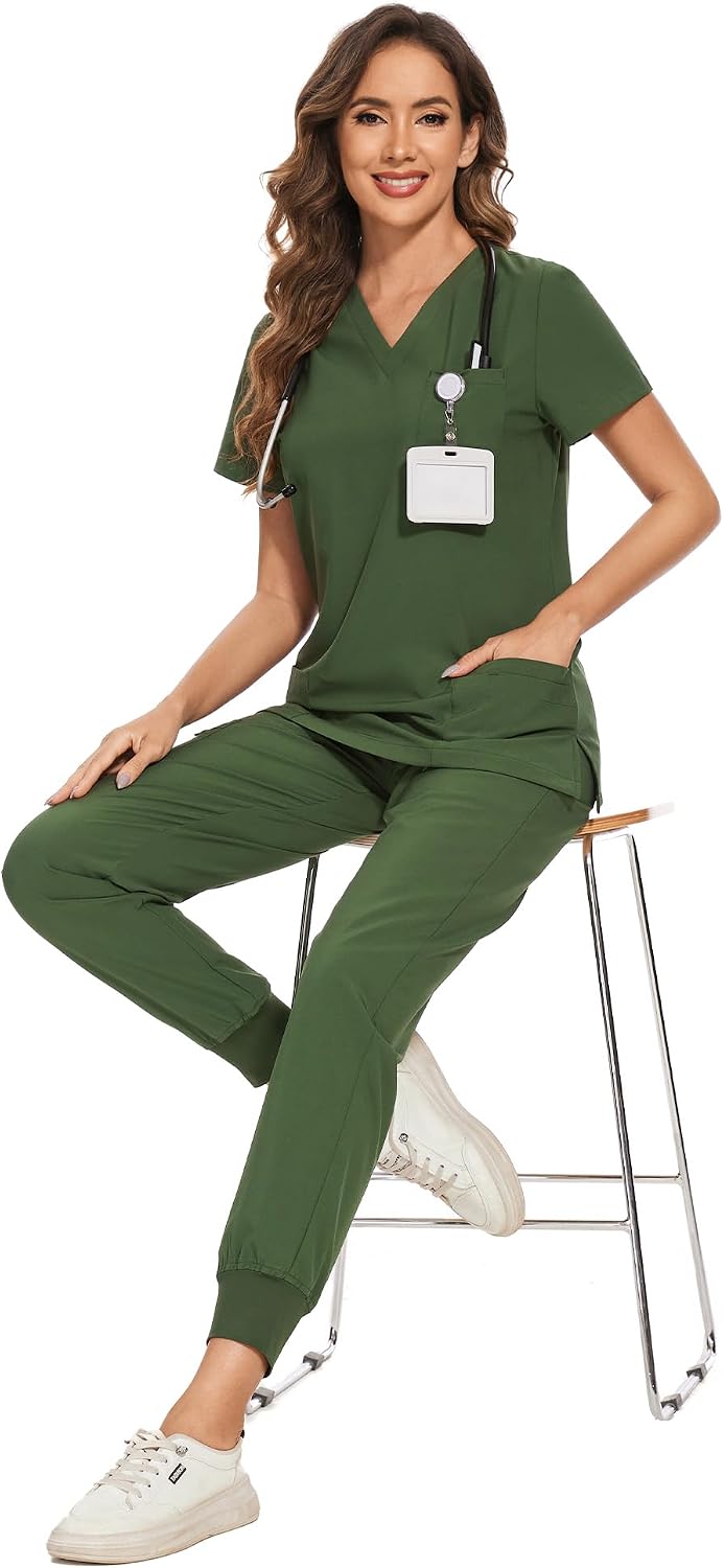COZYFIT Scrubs for Women Set - Stretch V-Neck Scrub Top & Jogger Pant with 8 Pockets COZY SCRUBS - Colors C