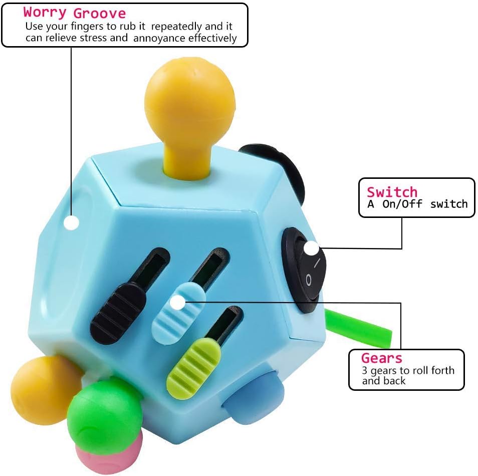 12 Sided Finger Cube Toys, Fidget Toys Relief Stress, Autism and Anxiety Depression for Kids Adults (Blue, Normal)
