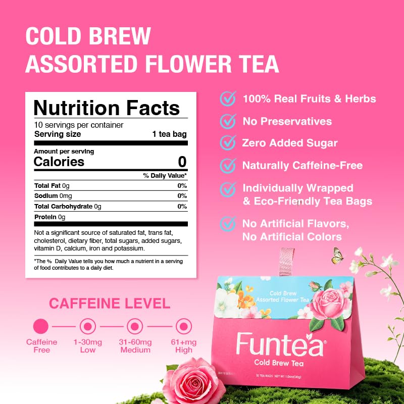 FUNTEA Cold Brew Flower Tea Sampler, Caffeine-Free Unsweetened Herbal Tea, 5 Flavors Variety Pack, Individually Wrapped Tea Bags, Refreshing Iced Tea, 10 Count (Pack of 1)