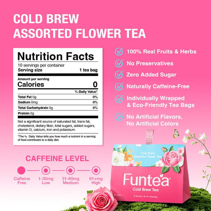 FUNTEA Cold Brew Flower Tea Sampler, Caffeine-Free Unsweetened Herbal Tea, 5 Flavors Variety Pack, Individually Wrapped Tea Bags, Refreshing Iced Tea, 10 Count (Pack of 1)
