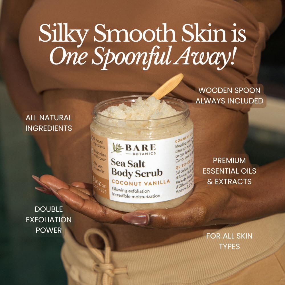 Bare Botanics 24oz Coconut Vanilla Sea Salt Body Scrub Natural Exfoliator