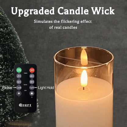 LEDHOLYT Rechargeable Flameless Glass Pillar Candles–Gifts for Women,–Set of 3, Realistic Flickering LED Flame,Remote & Timer, Ideal for Living Room, Bedroom & Halloween Festival Home Party Decor