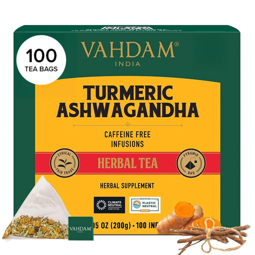 VAHDAM Organic Turmeric Ginger Herbal Tea Bags (100 Pyramid Tea Bags) Caffeine Free, Non GMO | 100% Pure Herbal Blend - Savory & Spicy, Plant-Based Teabags | Resealable Ziplock Pouch