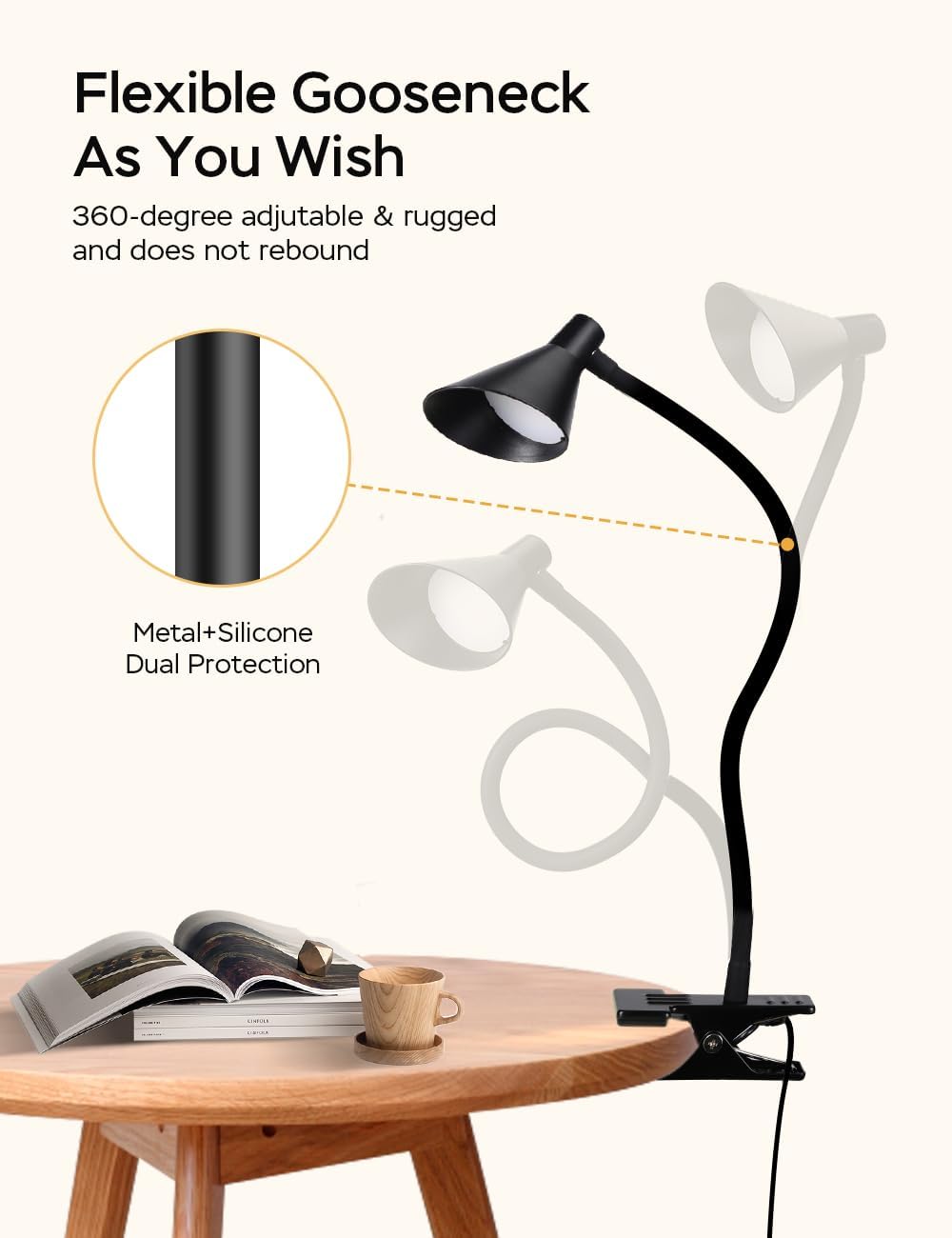 LiFMIRA Clip on Light USB Reading Light Desk Lamp 3 Color Modes Black