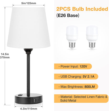 Mini Bedside Lamps for Bedrooms Set of 2 - Nightstand Bedroom Lamps with USB C Port and AC Outlet Charging, Dimmable Touch Small Bed Side Table Lamp, Black Night Stand Light for Kids/Guest Room