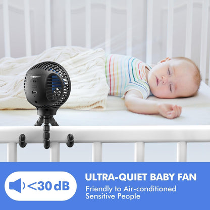 WEGA Stroller Fan Rechargeable Portable Battery Operated Car Seat Baby Fan,3 Speeds USB Personal Fan for Crib Treadmill HomeOffice and Travel (Black)