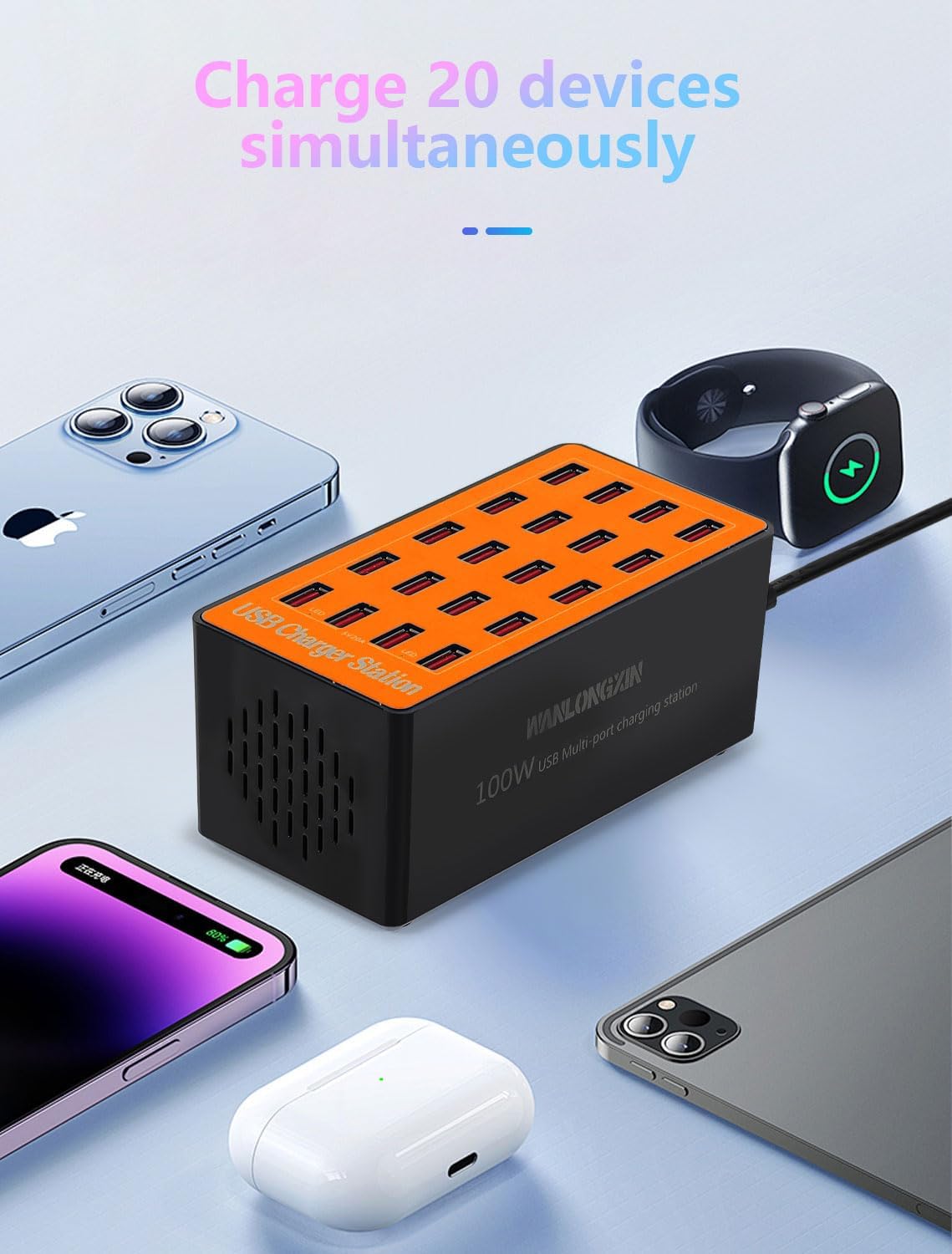 USB Charging Station,100W 20-Port Multi Smart Safety Fast Charger Station for Phone Tablet Watch Headphone PS, Compact Desktop Charger Home Office Travel