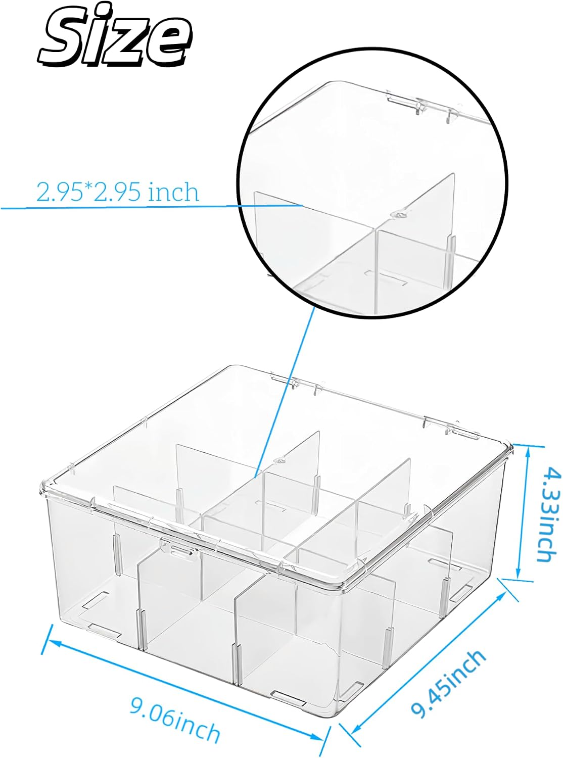 Acrylic Tea Bag Organizer with Lid, 9-Grid Clear Storage Box with Removable Dividers, Plastic Drawer Organizer for Tea Bags, Office Supplies, Closet, Socks, Dresser Drawers