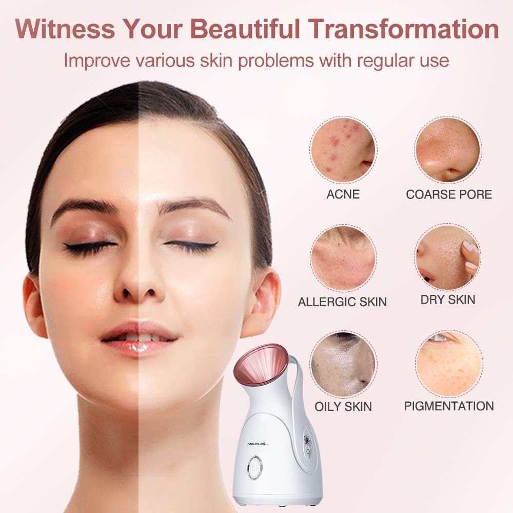 Amconsure Facial Steamer - Nano Ionic Face Steamer Warm Mist Steamer for Home Sauna SPA, Humidifier for Face Steamer for Deep Cleaning Unclogs Pores Sinuses - Bonus 5 Piece Stainless Steel Skin Kit