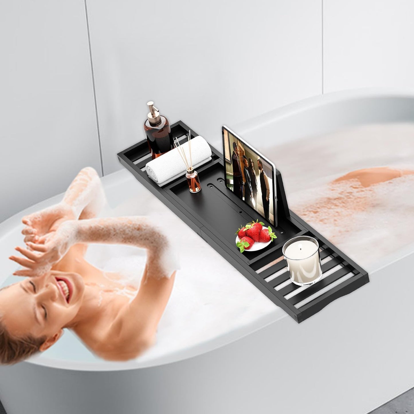 Premium Bamboo Bathtub Tray Caddy - Bath Tub Tray Table for Bathtub - Bath Caddy Tray for Bathtub, Expandable Size, Fits Most Bath Tubs