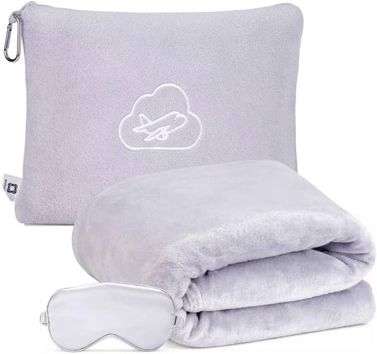 Travel Blanket Pillow,Airplane Blanket Compact with Bag Eye Mask, Ultra-Soft,Warm & Lightweight Included,Travel Essentials for Women & Men, Luggage Sleeve & Backpack Clip 65x40 in, Grey