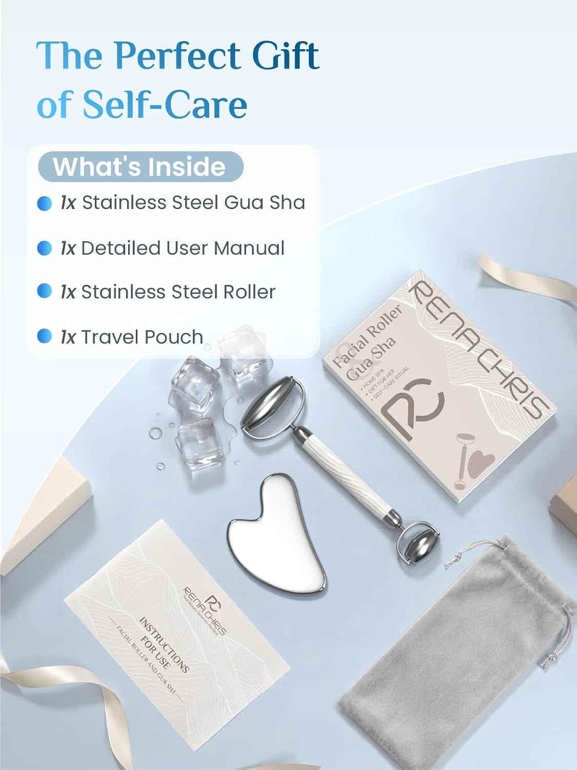 Rena Chris Gua Sha and Face Roller Set: Anti-Breakage Jade Roller for Long-Lasting Use, Jawline Sculpting and Puffiness Reducing, Gua Sha Facial Tools for Self Care Gift (Green)