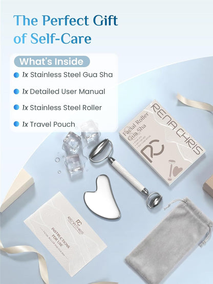 Rena Chris Gua Sha and Face Roller Set: Anti-Breakage Jade Roller for Long-Lasting Use, Jawline Sculpting and Puffiness Reducing, Gua Sha Facial Tools for Self Care Gift (Green)