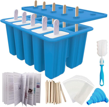 Miaowoof Homemade Popsicle Molds, 10-Cav Non-BPA Silicone Ice Pop Maker, with 50 Sticks, 50 Bags, 10 Reusable Sticks, Funnel, Brush and Ice Pop Recipe (Red)