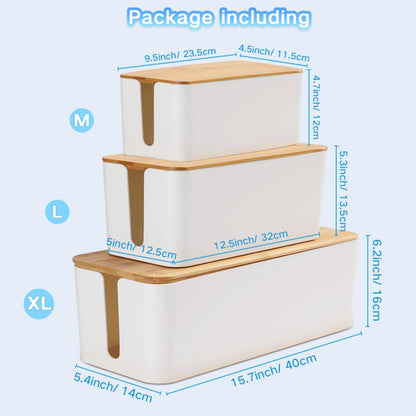 Cable Management Box Organizer, Set of 2 Bamboo Lid Large Storage Wire Holder to Conceal Hide Surge Protector, Power Strips Cord on Desk Floor, with 5 Cables Tape for Home Office Computer TV USB Hub