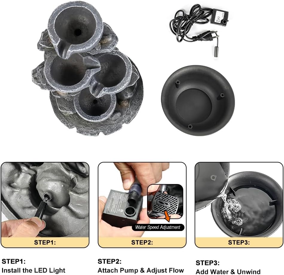 15.7” High Rock Falls Tabletop Water Fountain with LED Lights - Indoor 5-Tier Cascading Fountain for Home and Office Decor (Gray_3, 15.7" high)