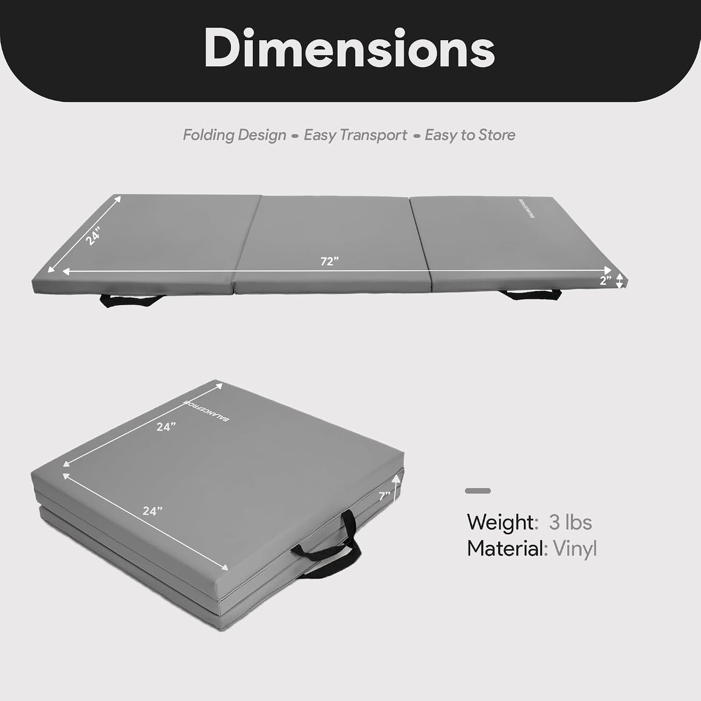 BalanceFrom 6x2 Feet 3-Panel Folding Gymnastics Mat – 2-Inch Thick Pad with Vinyl Surface and Carrying Handles for Tumbling, Yoga, Pilates, Home Workouts, and Martial Arts
