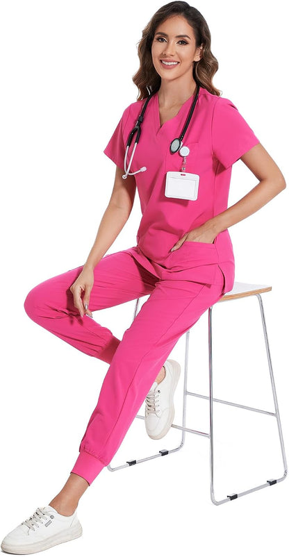 COZYFIT Scrubs for Women Set - Stretch V-Neck Scrub Top & Jogger Pant with 8 Pockets COZY SCRUBS - Colors B