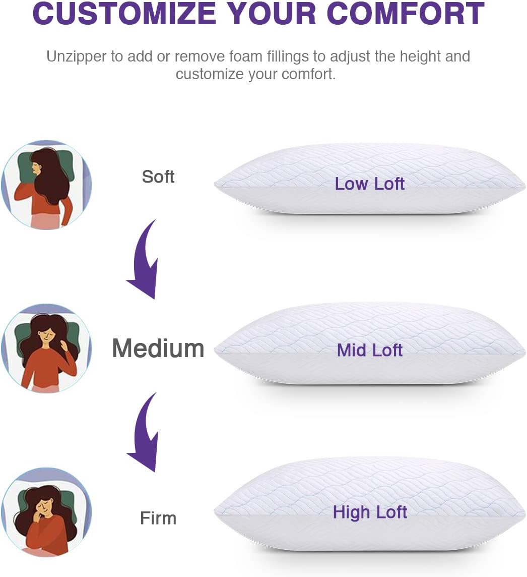 WISHSMILE Cooling Shredded Memory Foam Pillows Queen Size Set of 2 | Neck comfort, firm support, odorless, cooling, customizable height, machine washable, CertiPUR-US hypoallergenic bed pillow