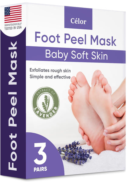 CÉLOR Foot Peeling Mask for Dry Cracked Feet | Foot Mask to Exfoliate Rough, Cracked, Dry Feet, Calluses for Soft Baby Feet Results | Made with Aloe Vera Extract for Women & Men (2 Pairs) | Lavender
