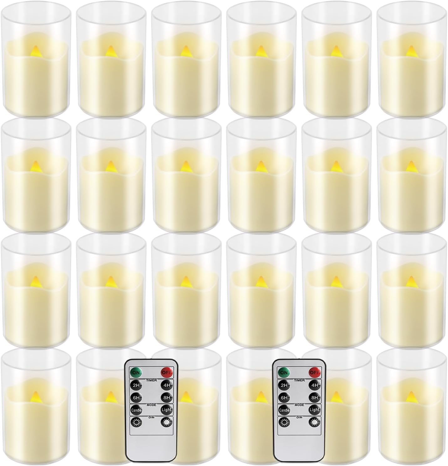 24 Pcs LED Flameless Candles with Remote, 3D Flickering Flame & LED String Lights, Acrylic Clear Cylinder, Timer Function, Romantic Ambience for Home Decor, Party, Wedding (Ivory).