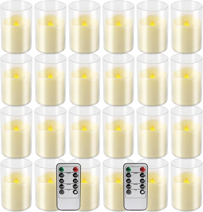 24 Pcs LED Flameless Candles with Remote, 3D Flickering Flame & LED String Lights, Acrylic Clear Cylinder, Timer Function, Romantic Ambience for Home Decor, Party, Wedding (Ivory).