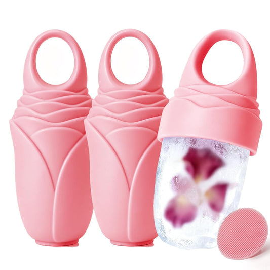 3 Pack Ice Roller for Face, Facial Ice Roller Silicone Mold Reusable for Face Women and Eye Neck Cold Skin Care Tools Freezer De Puff Eye Bags Reduce Migraine Pain Pink 1 + Purple 2