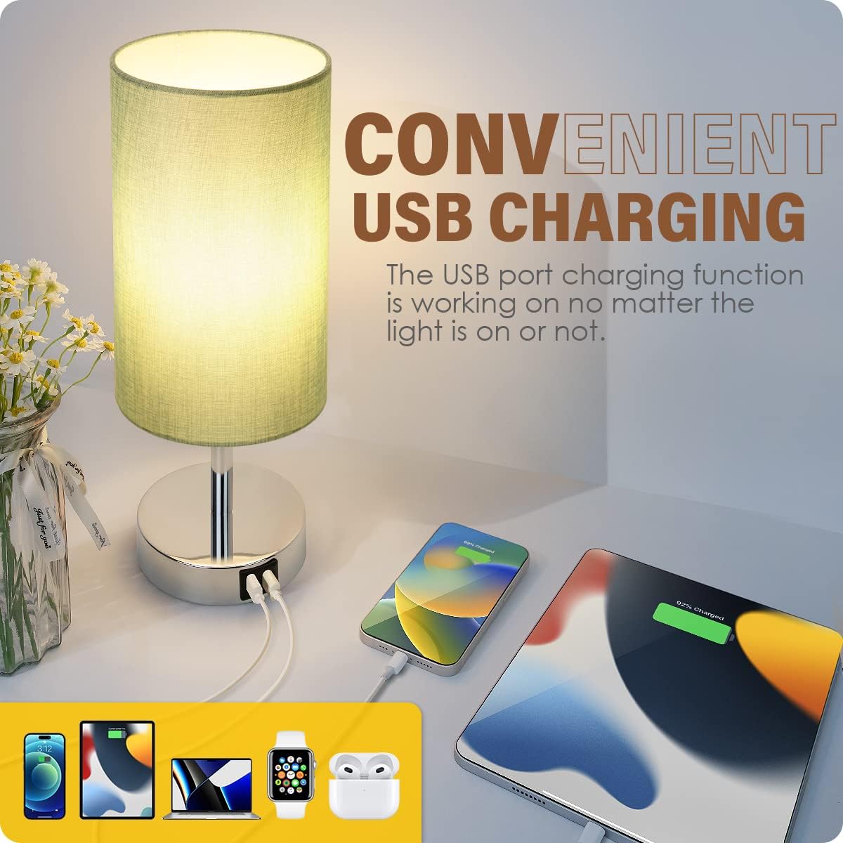 Yarra-Decor Bedside Table Lamp with USB Ports - Touch Control for Bedroom 3 Way Dimmable Nightstand Lamp with Round Fabric Shade for Living Room, Dorm, Home Office, Corded Electric, Without Battery