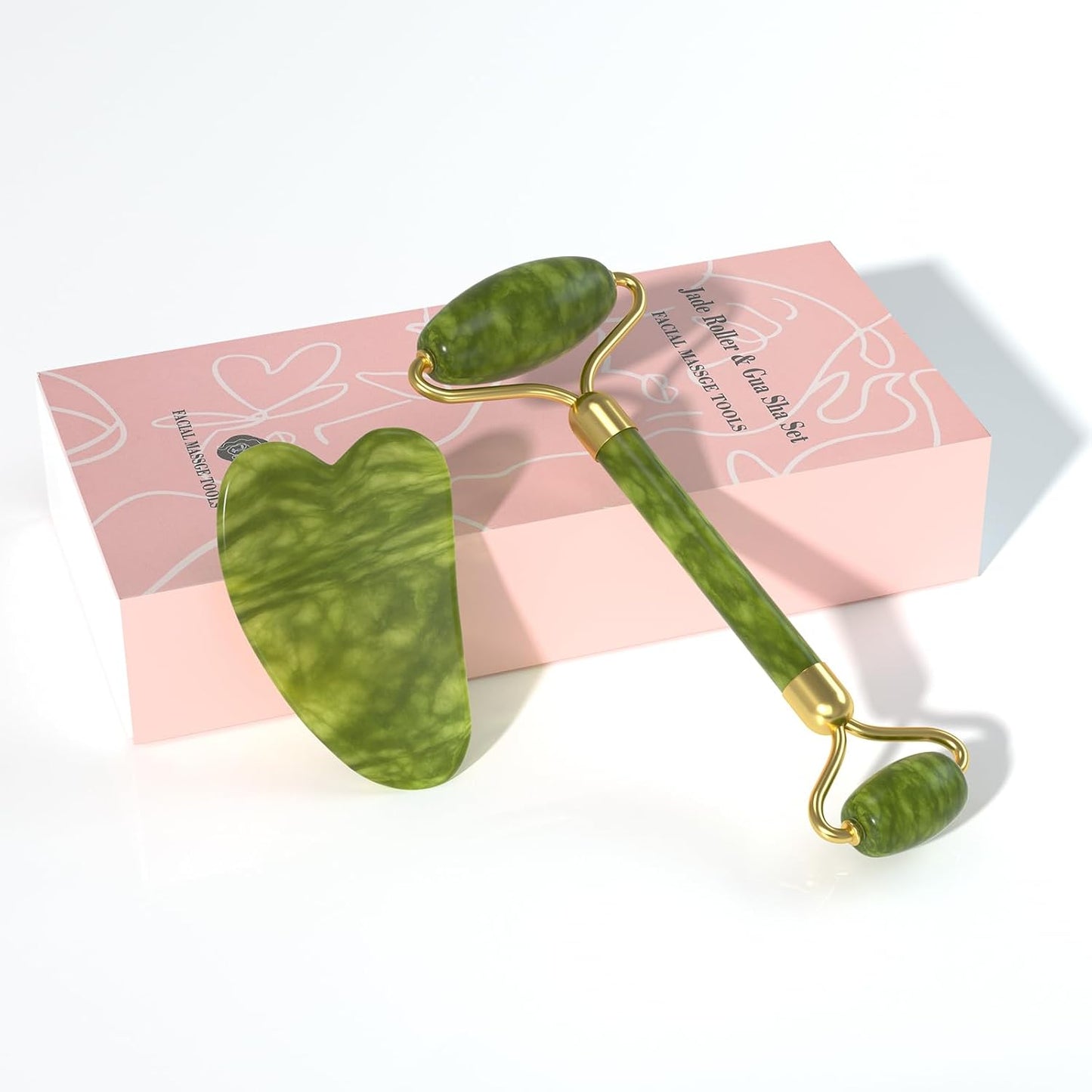 Natural Gua Sha & Jade Roller Set, Gua Sha Tool for Face & Body, Anti-Swelling Skin Tightening Home SPA Tool, Muscle Relief Safe Polished Jade, Self-Care Gift Set for Home Travel
