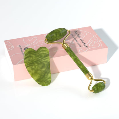 Natural Gua Sha & Jade Roller Set, Gua Sha Tool for Face & Body, Anti-Swelling Skin Tightening Home SPA Tool, Muscle Relief Safe Polished Jade, Self-Care Gift Set for Home Travel