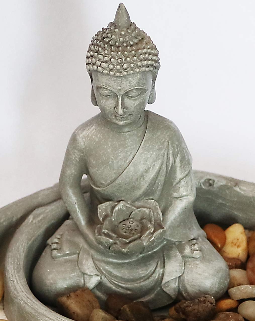 Nature's Mark Mini Zen Garden Kit for Desk with Rake, White Sand, Lotus Figure, 3 Sections Black Square Base, River Rocks and Black Rocks (9Lx9W C)