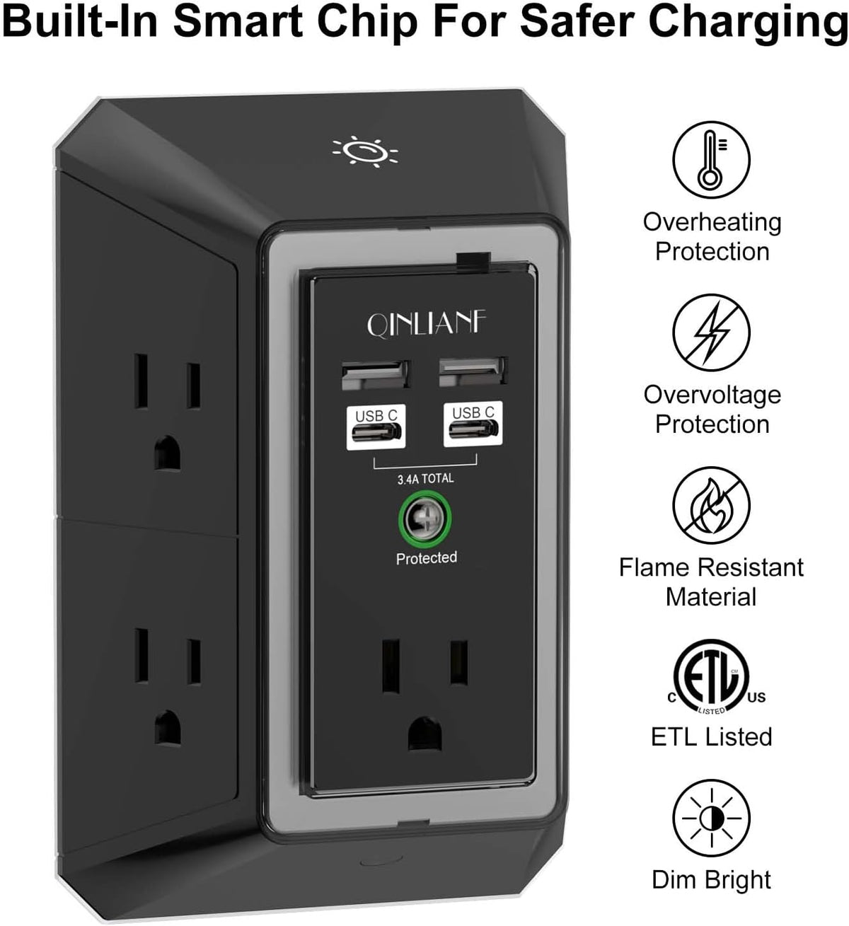 Wall Charger, Surge Protector, QINLIANF 5 Outlet Extender with 4 USB Ports