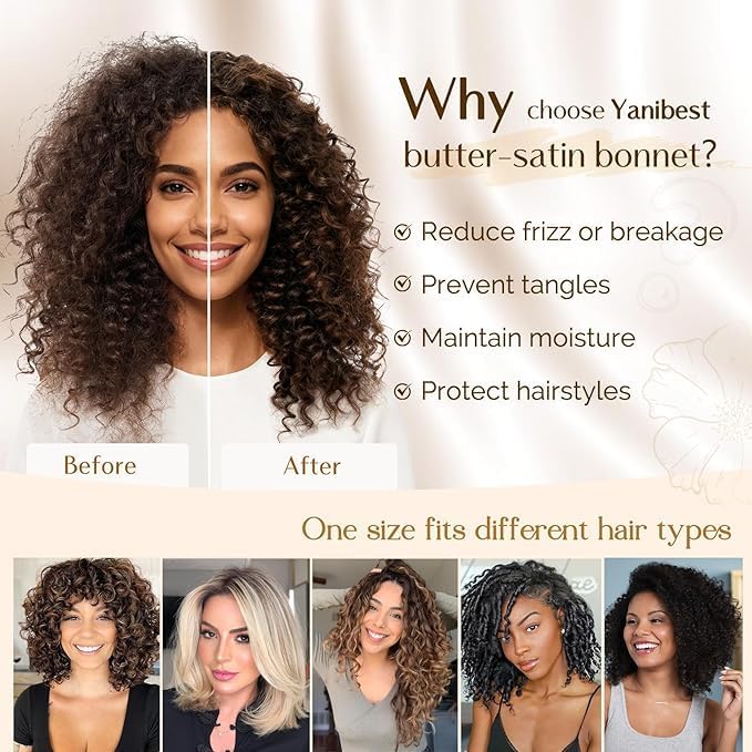 YANIBEST Adjustable Satin Bonnet for Sleeping Women Double Layer Hair Wrap Reduce Friction Prevent Frizz Natural Curly Hair