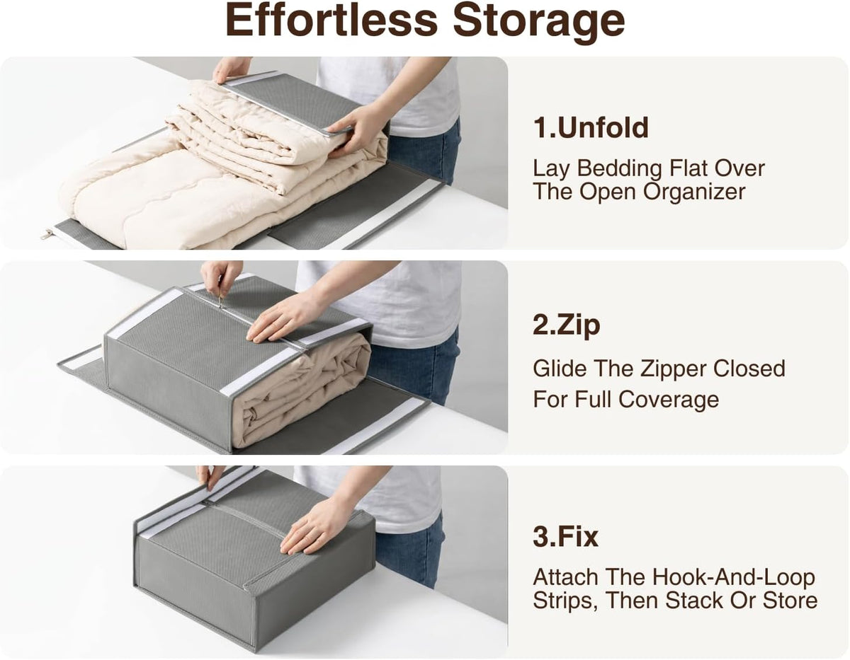 DIMJ Bed Sheet Organizers and Storage - Foldable Sheet Holder, Linen Closet Organizer Box for Sheets Set, Bedding, Blankets, Towel (King & Queen Size), Grey