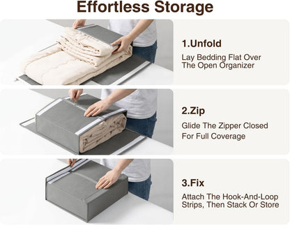 DIMJ Bed Sheet Organizers and Storage - Foldable Sheet Holder, Linen Closet Organizer Box for Sheets Set, Bedding, Blankets, Towel (King & Queen Size), Grey