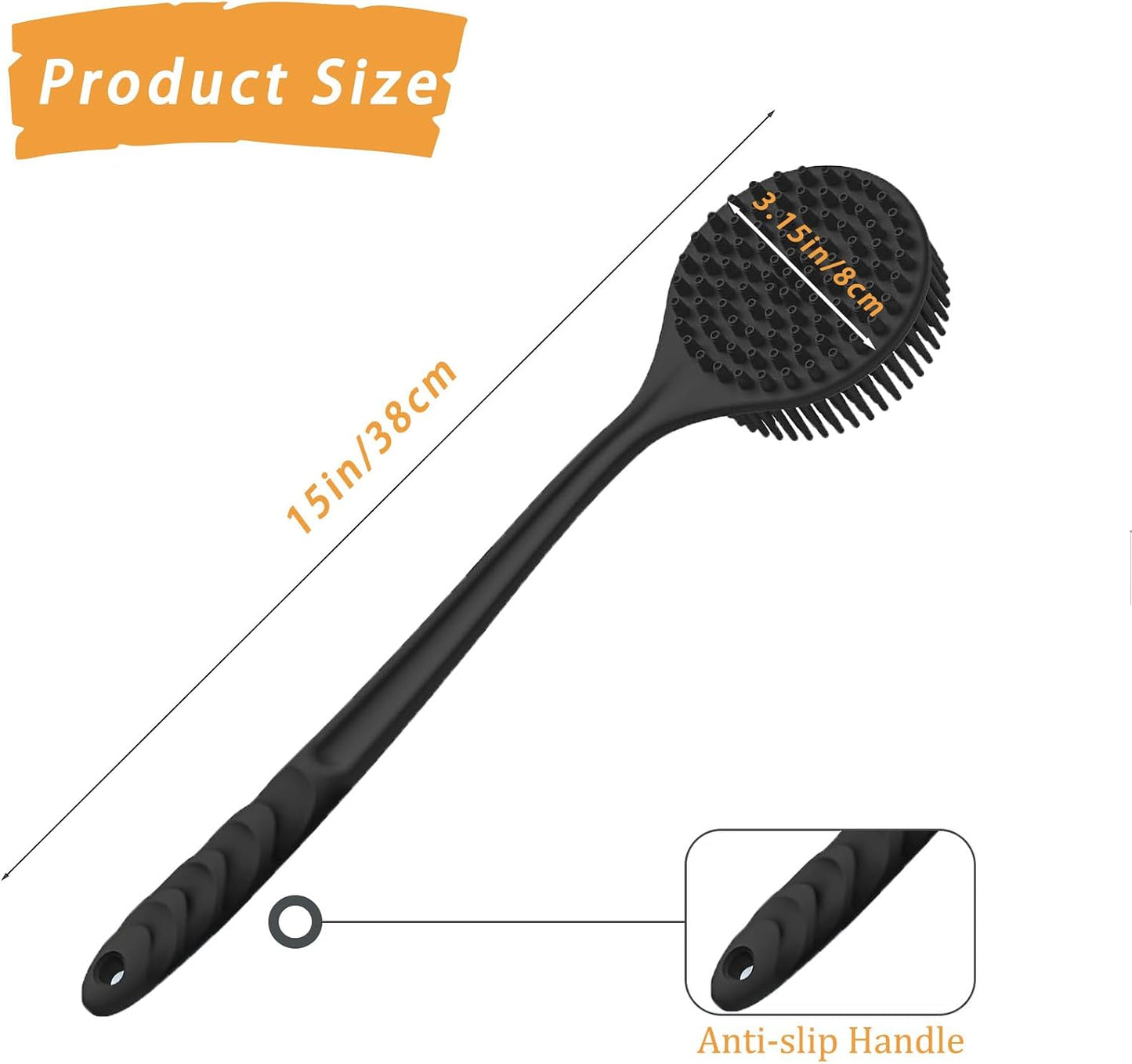 Silicone Back Scrubber for Shower, 17in Lengthen Long Handle Body Brush, Double Sided Shower Brush for Shower Exfoliating and Massage,Includes 2 Hooks (Black)