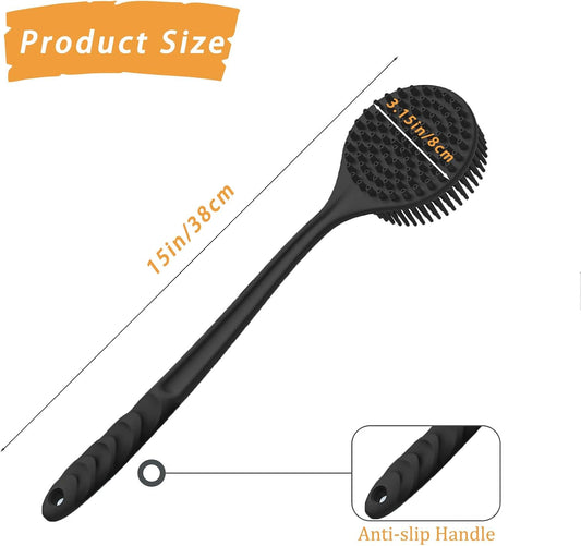 Silicone Back Scrubber for Shower, 17in Lengthen Long Handle Body Brush, Double Sided Shower Brush for Shower Exfoliating and Massage,Includes 2 Hooks (Black)