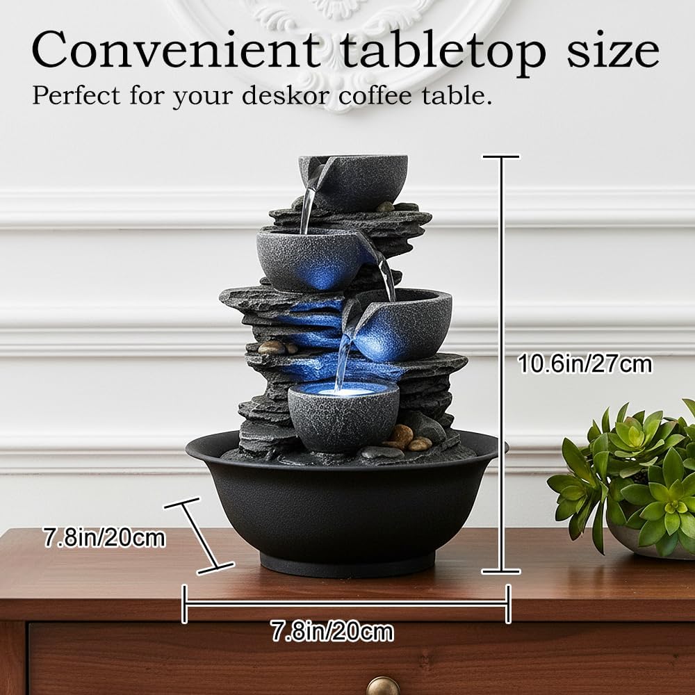 15.7” High Rock Falls Tabletop Water Fountain with LED Lights - Indoor 5-Tier Cascading Fountain for Home and Office Decor (Gray_3, 15.7" high)