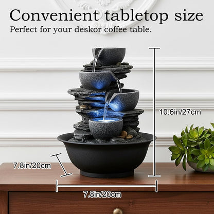 15.7” High Rock Falls Tabletop Water Fountain with LED Lights - Indoor 5-Tier Cascading Fountain for Home and Office Decor (Gray_3, 15.7" high)