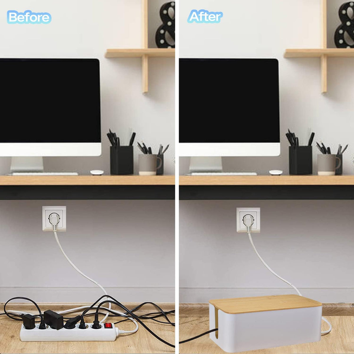 Cable Management Box Organizer, Set of 2 Bamboo Lid Large Storage Wire Holder to Conceal Hide Surge Protector, Power Strips Cord on Desk Floor, with 5 Cables Tape for Home Office Computer TV USB Hub