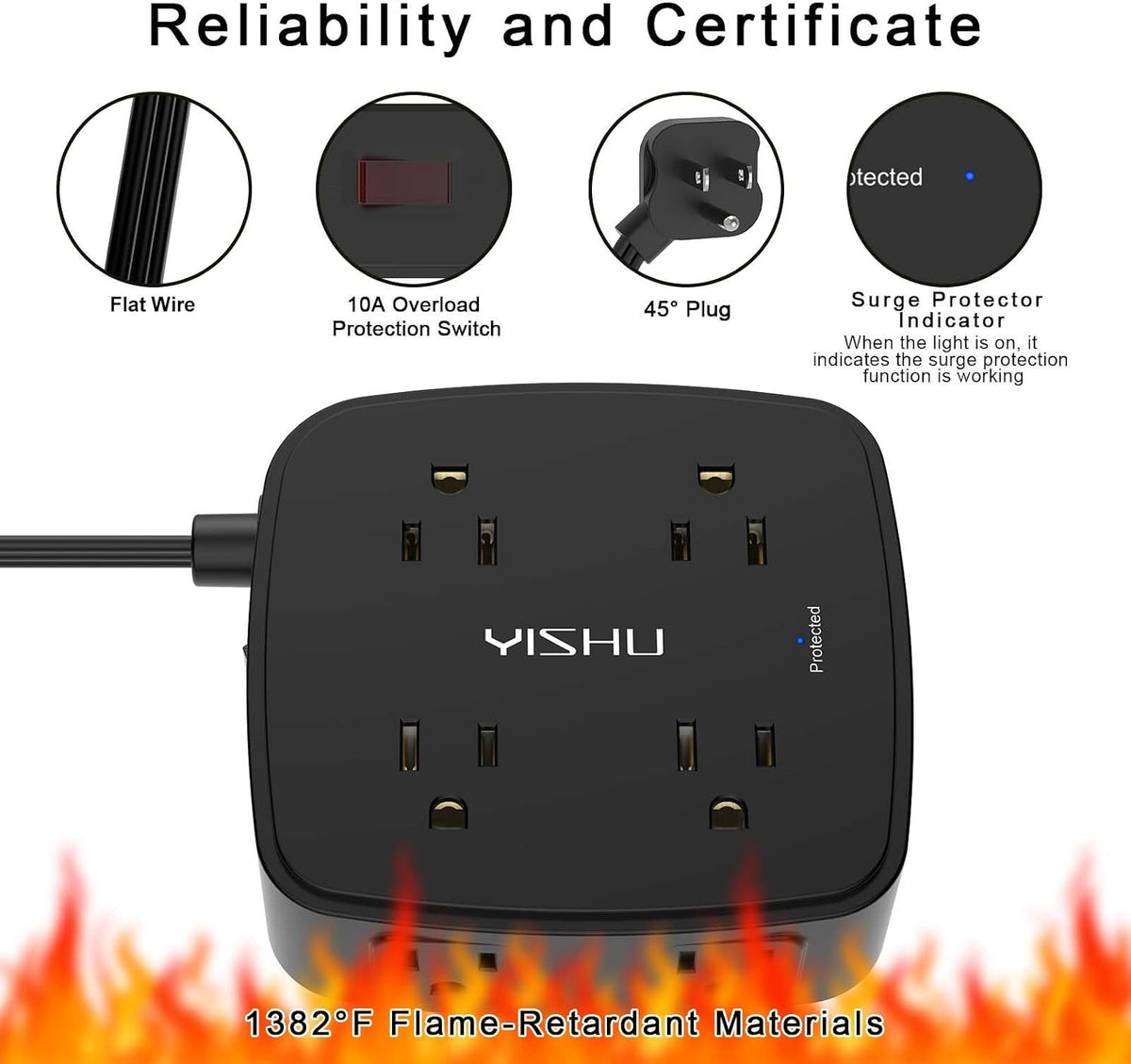 YISHU 6Ft Surge Protector Power Strip with 8 Widely Outlets & 4 USB Ports