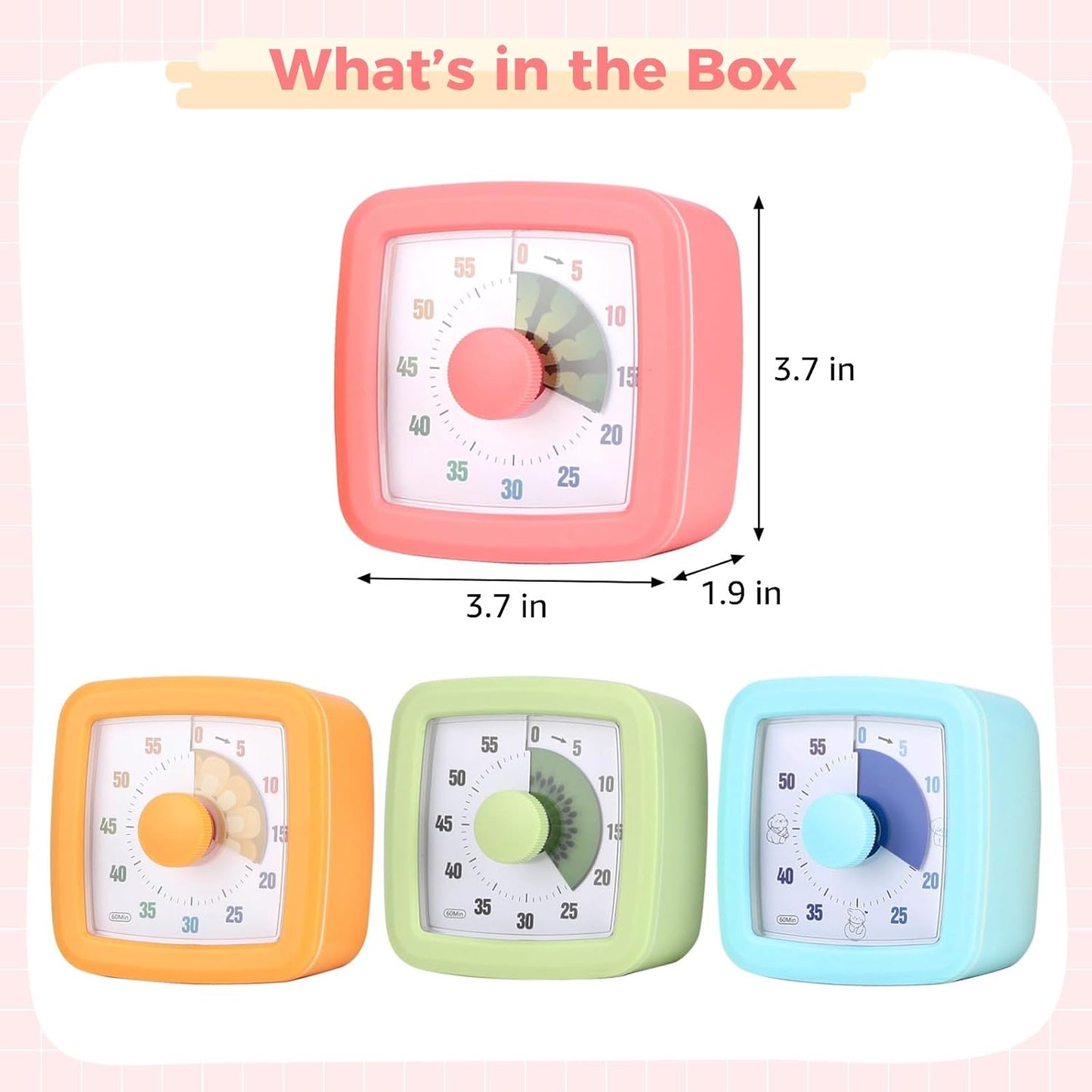 4 PCS Visual Timer, 60 Minutes Countdown Clock, Colored Mechanical Time Management Tool, Quiet Operation Design with Clear Dial Display for Reading, Home Office Focus, Productivity Training