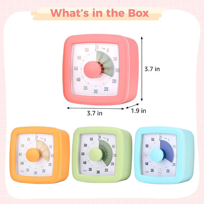 4 PCS Visual Timer, 60 Minutes Countdown Clock, Colored Mechanical Time Management Tool, Quiet Operation Design with Clear Dial Display for Reading, Home Office Focus, Productivity Training