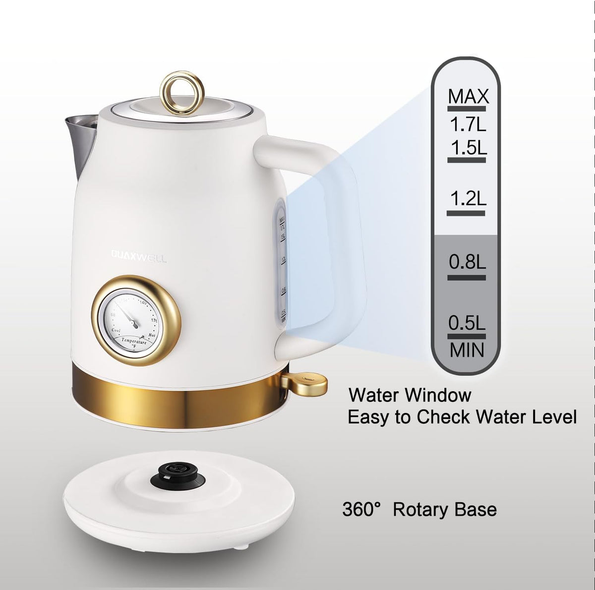 Retro Electric Tea Kettle, 1.7L, Matte White and Gold