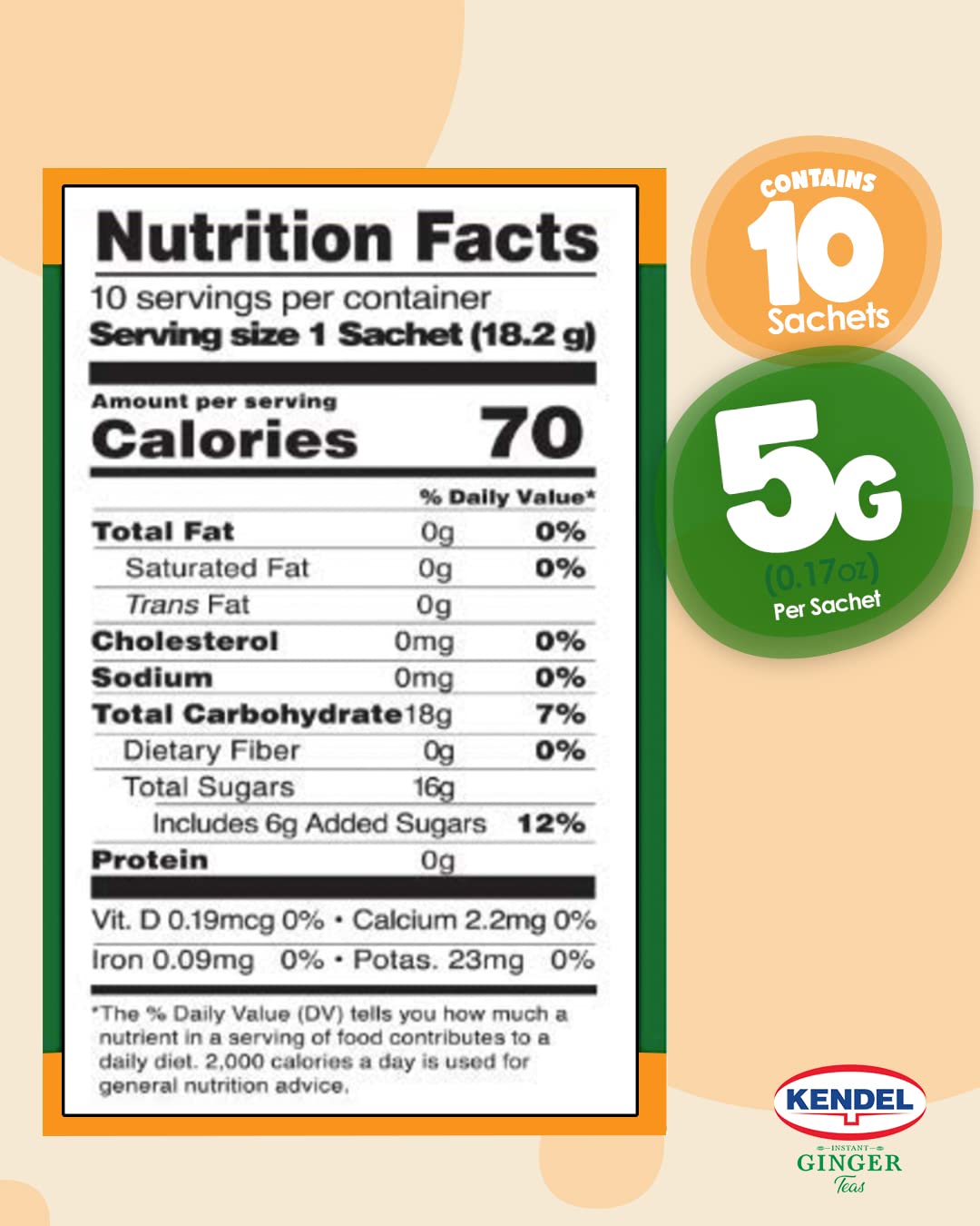 Kendel Instant Ginger Honey Tea - 10 Sachets, Caffeine Free