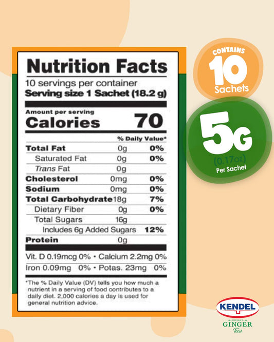 Kendel Instant Ginger Honey Tea - 10 Sachets, Caffeine Free